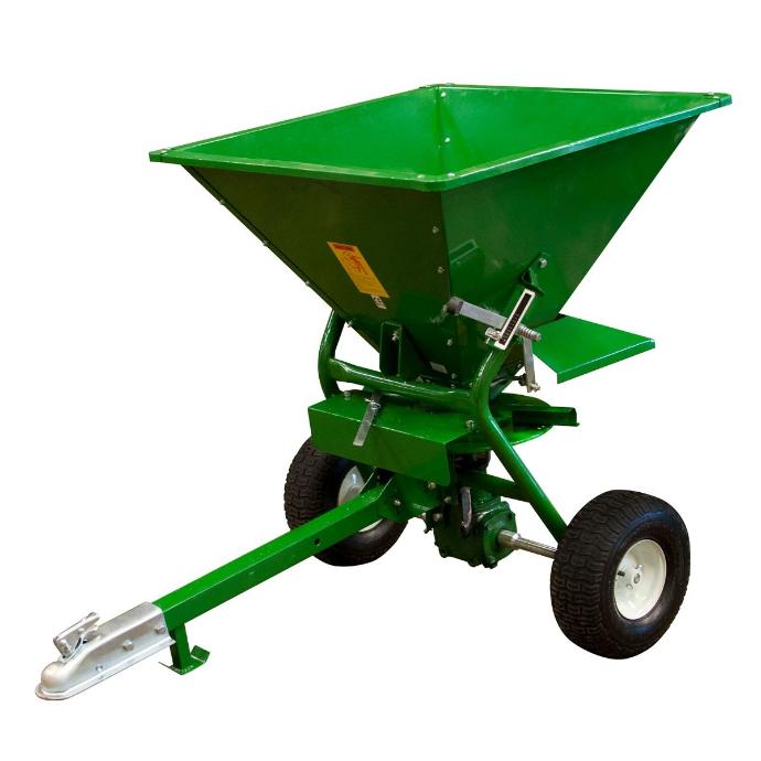 towable spreader with a large capacity for salt, sand, fertiliser or seed